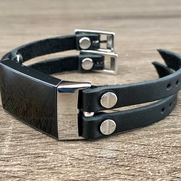 Double Strap Black Leather Charge 4 Bracelet - Picture 2 of 8